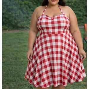 TopDress Vintage-Inspired Red White Gingham Halter Dress 2X Rockabilly Retro